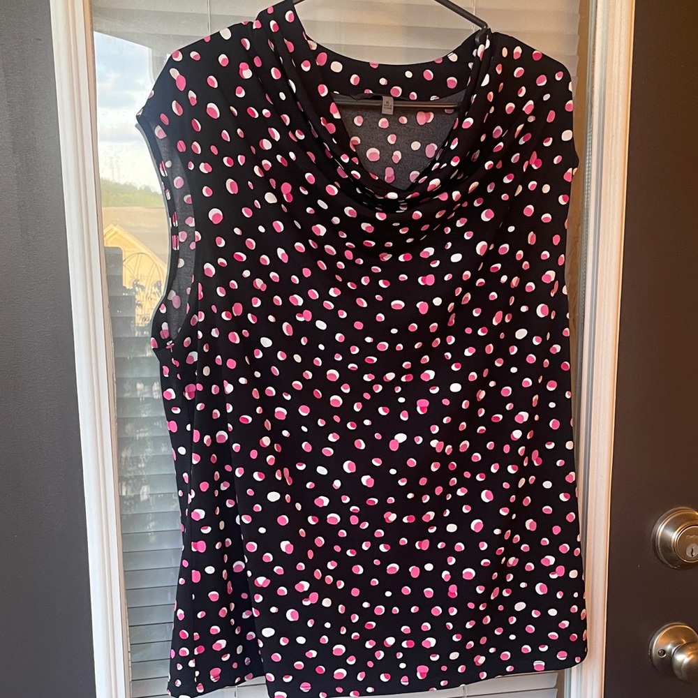 Kasper Sleeveless Black Polka Dot Cowl Neck Top-XL